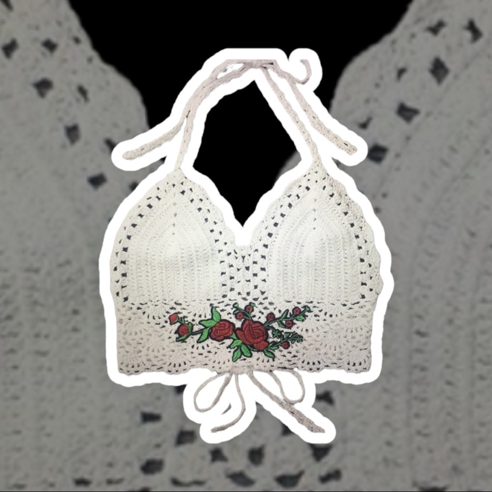 Roses appliqué Halter neck crochet top - Picture 3 of 12